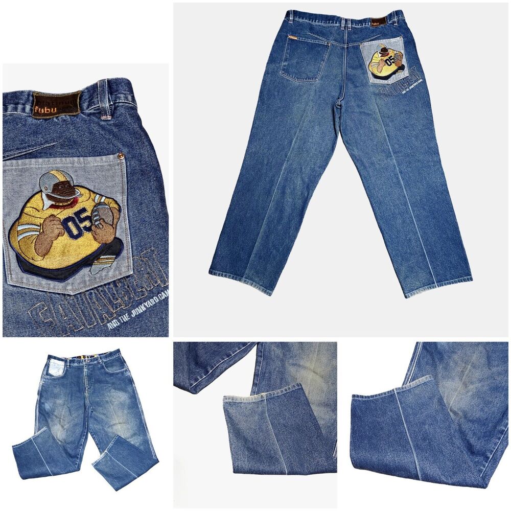 Platinum Fubu Jeans Fat Albert Streetwear Baggy Y2K HipHop Urban Junkyard Sz 40 - Picture 2 of 16